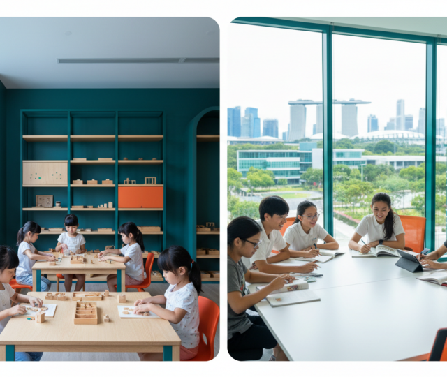 Diverse children in a warm classroom and older students in a modern school setting, with Singapore skyline.