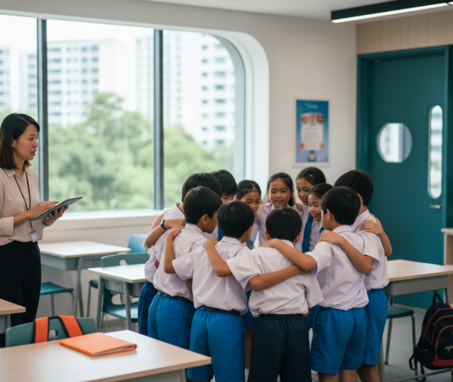 Diverse Singapore students in white and blue uniforms support peer in modern classroom.