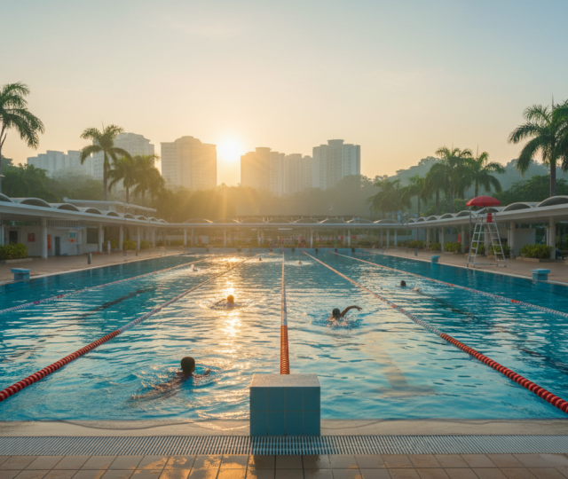 Early morning swim at Singapore pool, sunrise light on turquoise water, swimmers, tropical greenery.