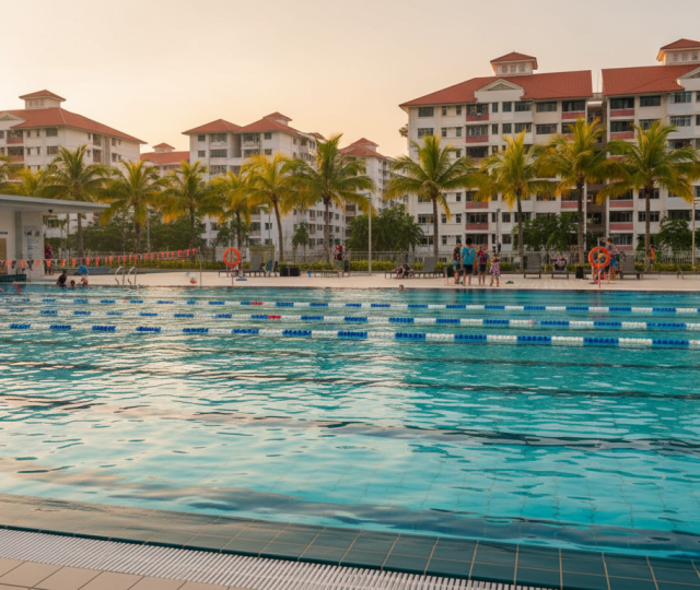Family-friendly Singapore pool complex with aquamarine lanes, palm trees, red-tiled buildings.