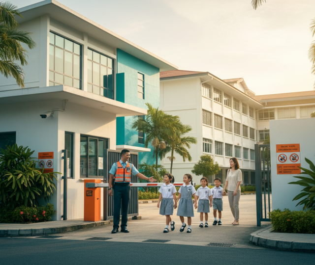Friendly security guard welcomes diverse children at modern Singapore school gate with safety features.