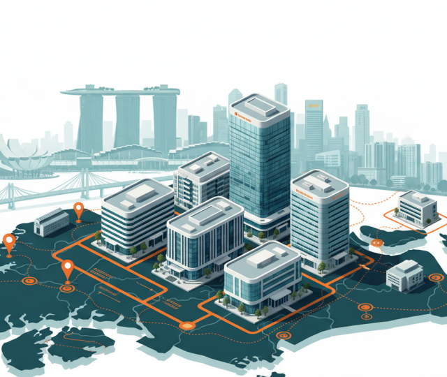 Isometric view of Singapore's educational landscape with modern buildings on a map, Marina Bay skyline in background, orange pathways, teal and white tones.