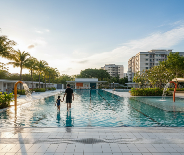 Modern outdoor pool in Singapore, warm sunlight, lush greenery, family approaching.