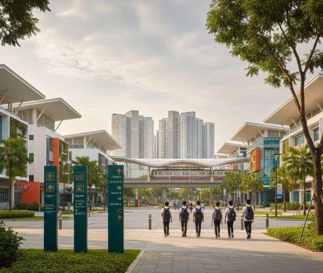 Modern Singapore education district with tropical architecture, students walking, MRT and greenery.
