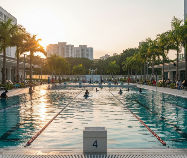 Modern Singapore pool at golden hour with lap lanes, palm trees, families, and HDB blocks in view.