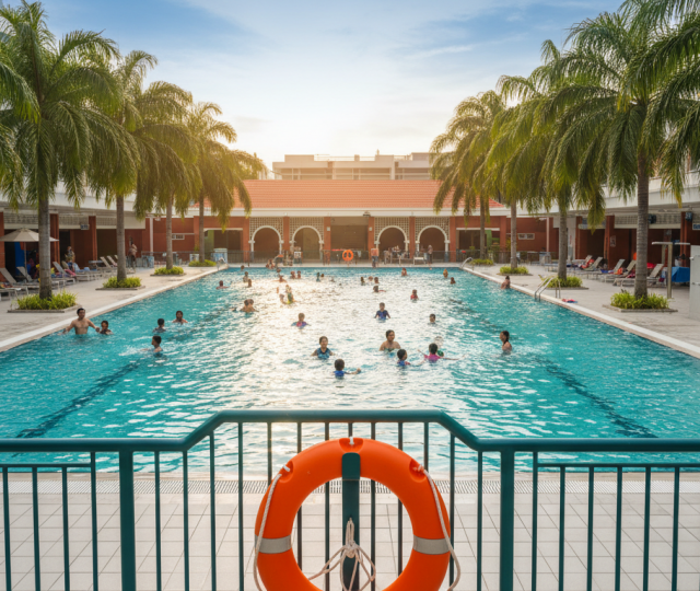 Modern Singapore pool complex with families, turquoise water, palm trees, and orange life preserver.