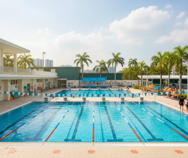 Modern Singapore pool complex with turquoise children's pool, palm trees, and silhouettes.