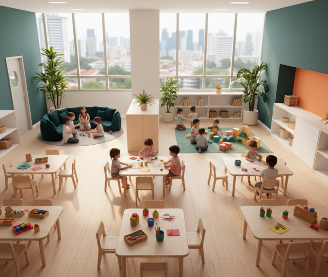 Modern Singapore preschool with diverse children, interactive learning stations, warm lighting, urban skyline.