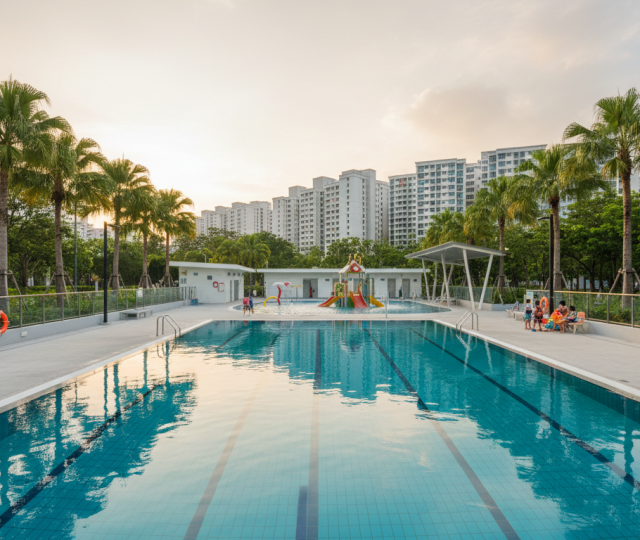 Modern Singapore public pool at golden hour, turquoise water, palm trees, families, HDB blocks.