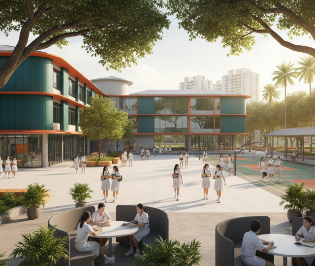 Modern Singapore school with teal-green buildings, students in uniforms, lush landscaping, and sports facilities.