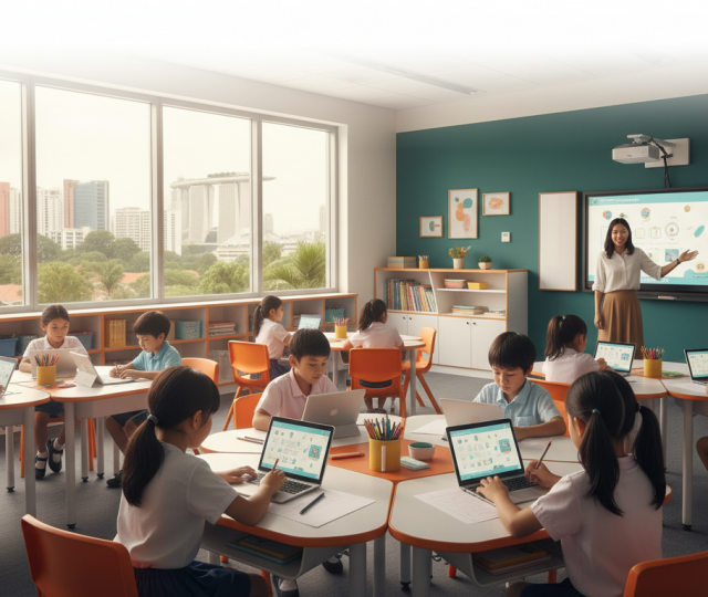Modern Singaporean classroom with diverse children using tablets, laptops, and worksheets, teacher guiding near digital whiteboard, urban skyline view.