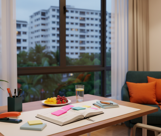 Modern Singaporean home study with wooden desk, tropical view, and cozy reading nook.