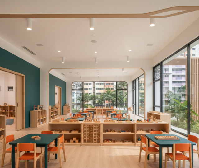 Modern Singaporean preschool with colorful furniture, tropical greenery, and bright, warm lighting.