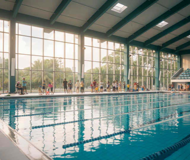 Olympic pool complex in Singapore with turquoise water, families watching, modern architecture.