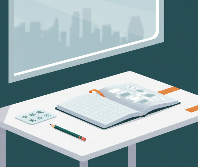 Open schoolbook on white desk with name tag, pencil, and blurred Singapore skyline.