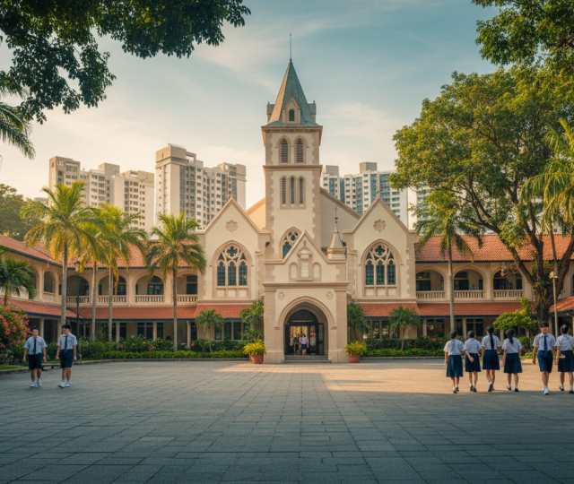 Prestigious Singaporean school with Gothic-inspired architecture, tropical gardens, students in uniforms.