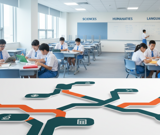 Singapore classroom with diverse students, bright pathways symbolizing learning flexibility.