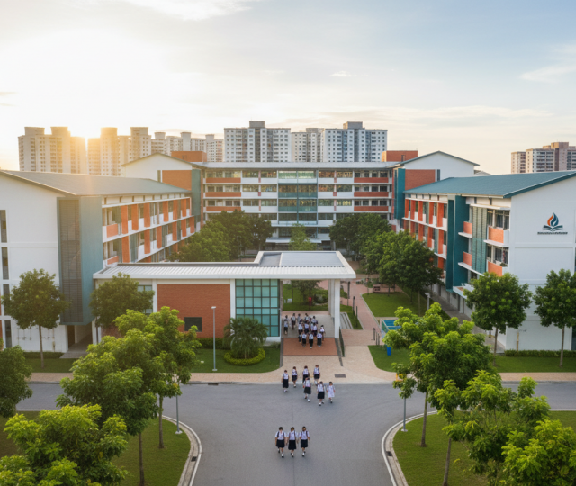 Singapore school campus with red-brick facade, students in uniforms, tropical trees, HDB blocks in background.