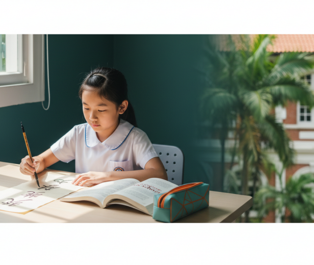 Singaporean child practicing calligraphy at desk with English textbook, school in background.