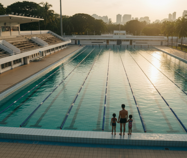 Singaporean family at a nostalgic pool complex, warm sunlight, lush greenery, urban skyline.