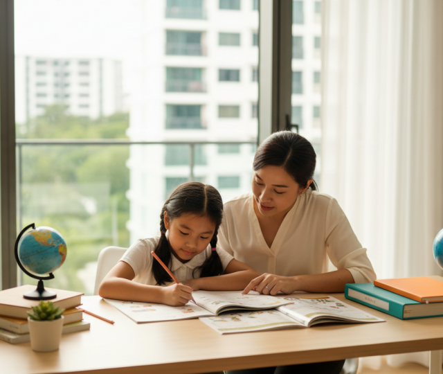 Singaporean mother and child learning at organized home study desk with natural light.
