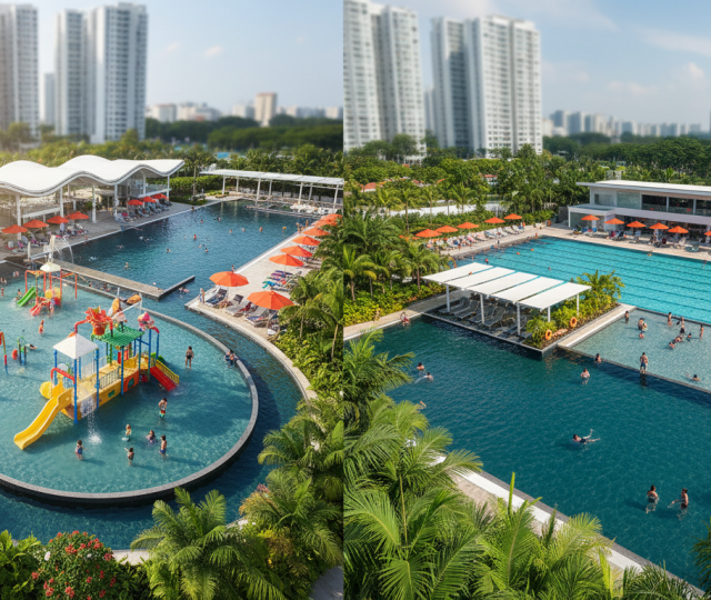 Split-screen of two Singapore pool complexes, vibrant, tropical, families swimming, lush greenery.