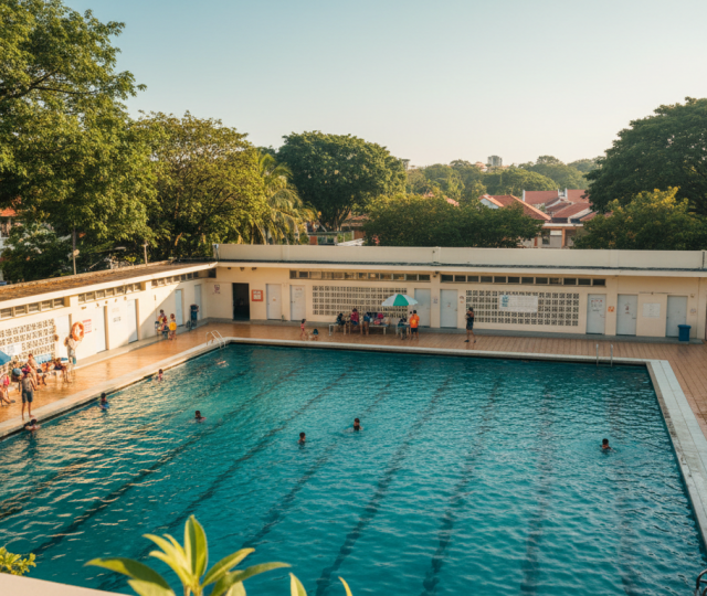 Sunny morning at Katong Swimming Complex, families enjoying pool, lush greenery and mid-century architecture.