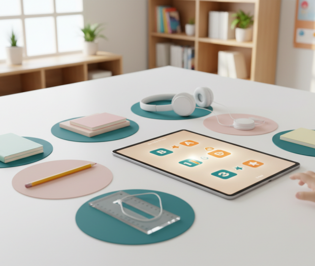 Tablet with vibrant learning icons, surrounded by school supplies on a white surface, in a bright, modern classroom setting.