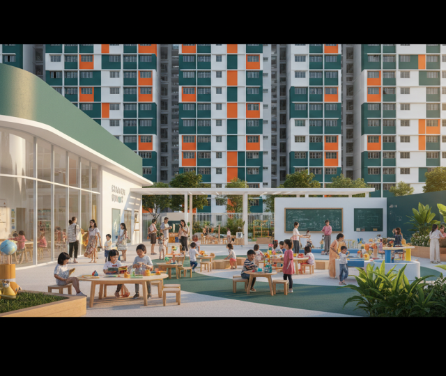 Tampines neighborhood with colorful HDB blocks, community learning space, families, lush greenery.
