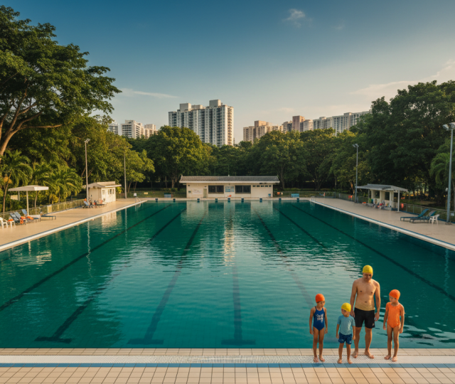 Toa Payoh Swimming Complex in Singapore, family at poolside, tropical setting.
