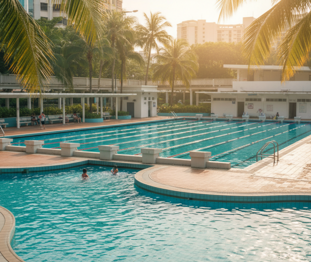 Tropical morning at Katong Swimming Complex, Singapore; families, palm trees, teal pools, mid-century charm.