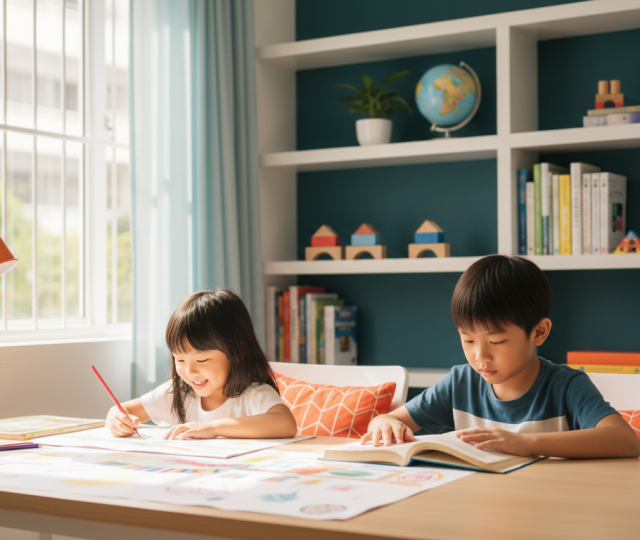 Two Asian children engaged in reading and drawing at a modern desk in a bright Singaporean home study.