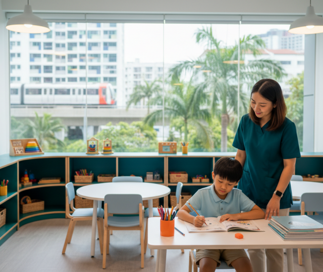 Child studying in a modern Singapore enrichment center, educator nearby, urban view.
