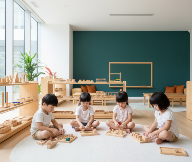 Children engaged with Montessori materials in a bright, warm classroom.