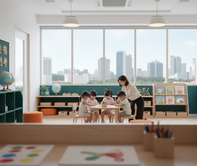 Children in a modern Singapore preschool with a bilingual educator, soft lighting, and teal decor.