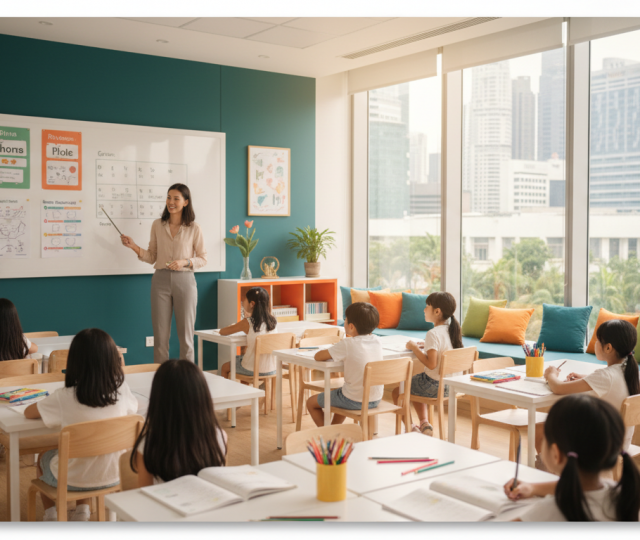 Modern classroom in Singapore with diverse children learning English, bright natural light, and cityscape view.
