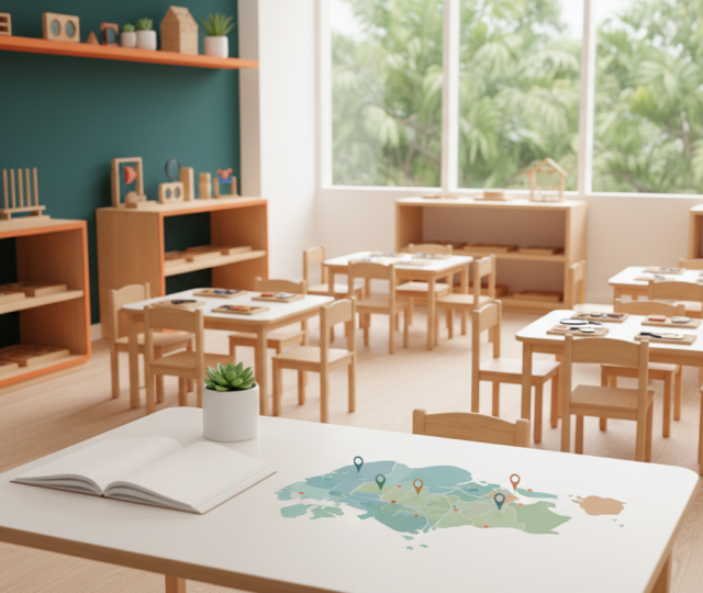 Modern Montessori classroom in Singapore with natural light, child-sized furniture, and educational materials.