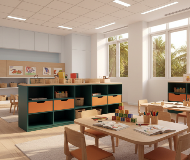 Modern Singapore preschool classroom with colorful materials, lush greenery outside.