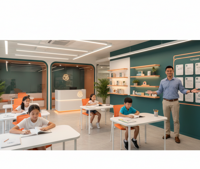 Modern Singapore tutoring center with Asian educator, diverse students, teal-green walls.