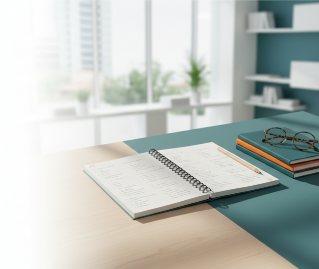 Neat notebook with English exercises on a wooden desk with glasses, pencils, study books in modern, calm setting.