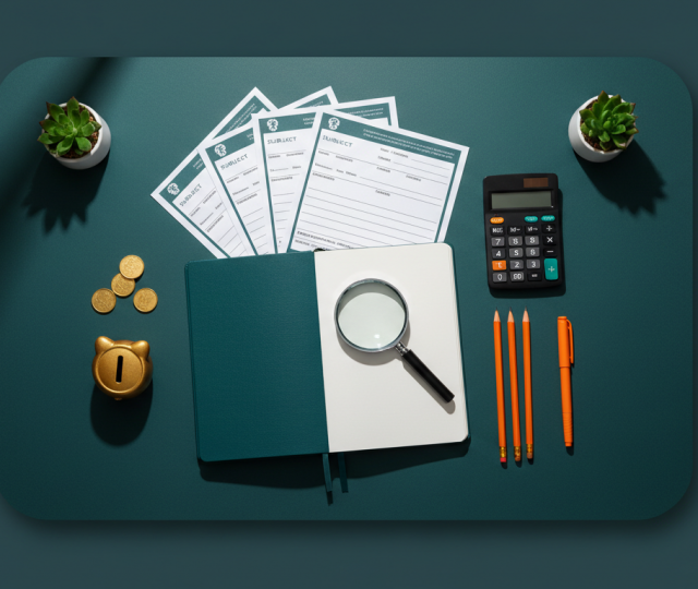 Study desk with notebook, magnifying glass, report cards, calculator, pencils, and piggy bank on teal background.