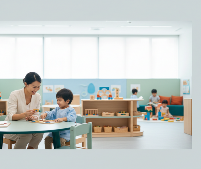 Sunlit Singapore preschool with child-sized furniture, mother interacting with child.
