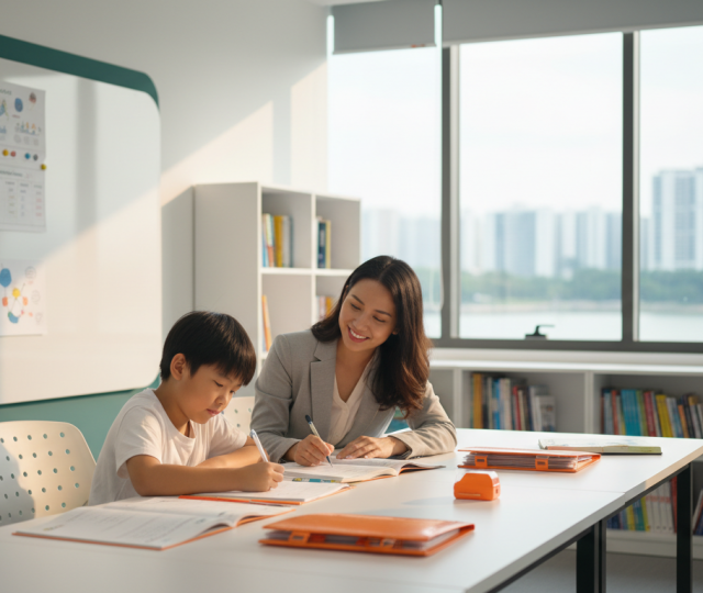 Asian child and tutor in bright Singapore classroom, Punggol skyline view.