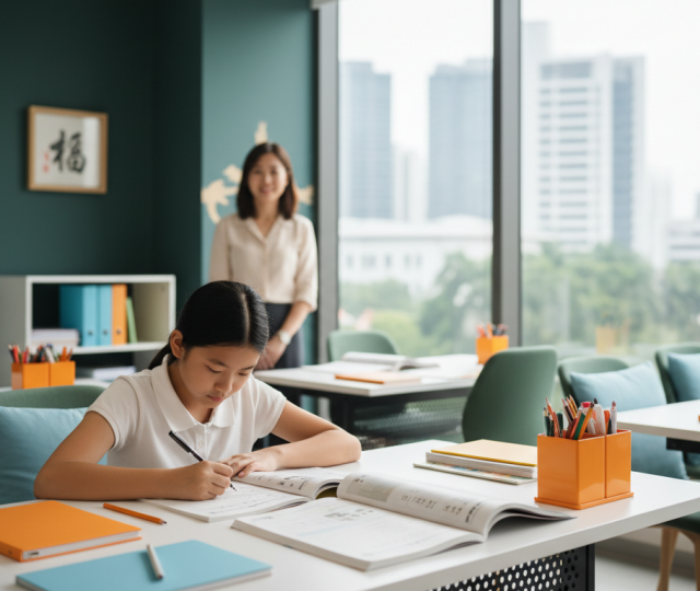 Asian student studying Chinese in a bright, modern Singapore classroom with city view.