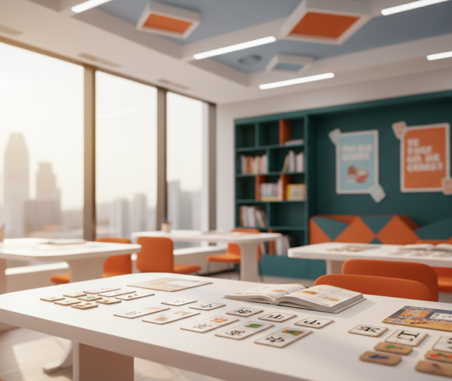 Bright, organized Singapore classroom with Chinese learning materials and urban skyline view.