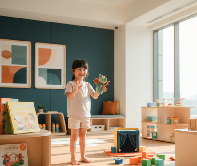 Cheerful child engaged in storytelling in modern classroom with warm lighting.