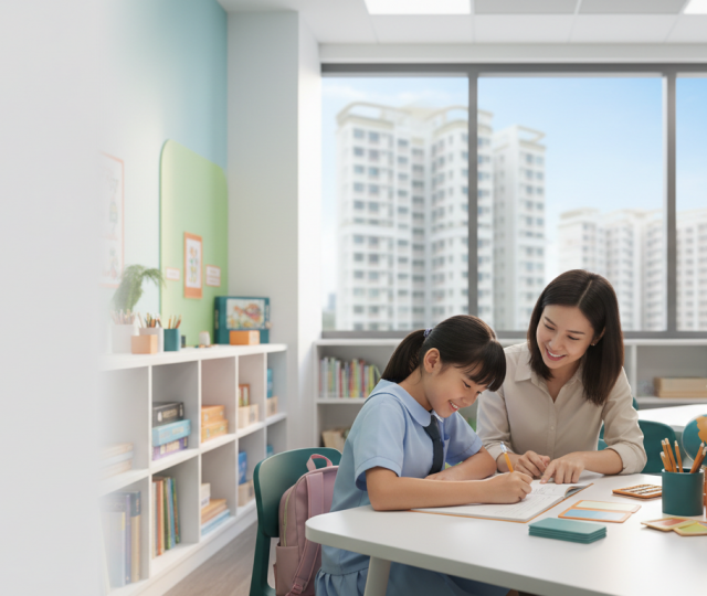 Child doing homework with educator in modern Singapore classroom, Hougang skyline view.