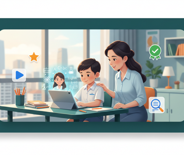Child in school uniform at desk with laptop, parent nearby; warm Singapore skyline backdrop.
