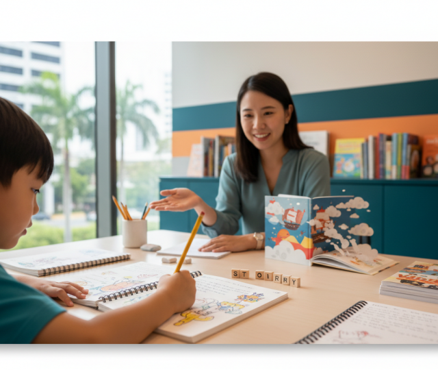 Child writing at desk with tutor in modern Singapore learning center.