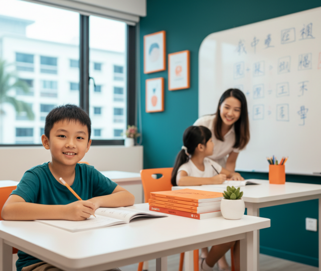 Child writing Chinese at a desk in a warm, modern Singapore classroom with teacher in background.